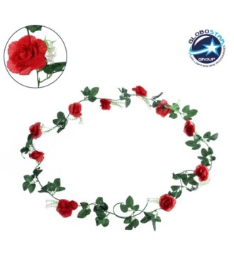 GloboStar® 78129 Τεχνητό Κρεμαστό Φυτό Διακοσμητική Γιρλάντα Λουλουδιών με 10 Κόκκινα Τριαντάφυλλα & Πράσινο Φύλλωμα M20 x Υ220 x Π20cm